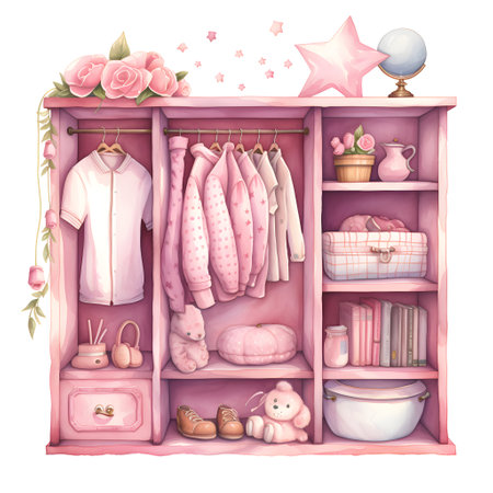 Pink wooden wardrobe with clothes, toys and accessories. Illustration isolated on white background.の素材