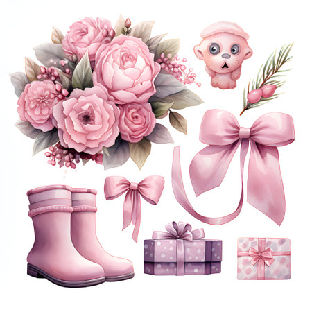 Watercolor set of cute pink flowers, gift boxes and boots.の素材