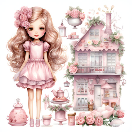 Cute little girl in pink dress with a doll house. Watercolor vector illustration.の素材