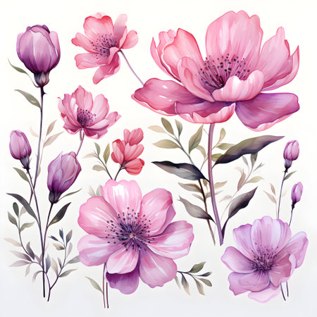 Beautiful vector watercolor illustration of anemone flowers on a white backgroundの素材