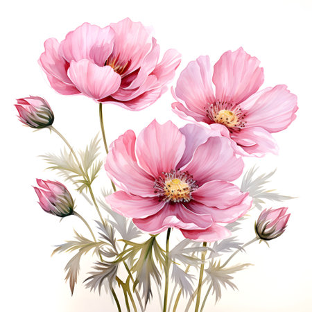 Pink cosmos flowers bouquet isolated on white background. Watercolor illustration.の素材