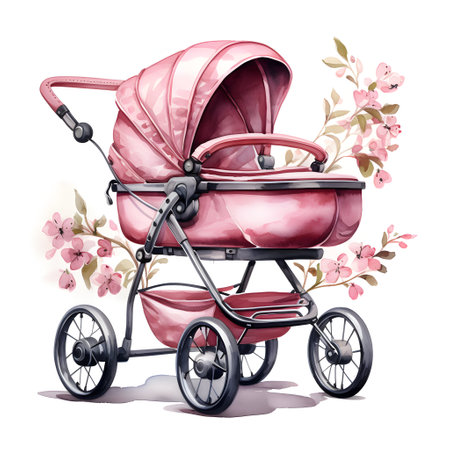 Watercolor illustration of a pink baby carriage with a handle and flowers.の素材