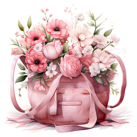 Bouquet of flowers in a pink bag. Watercolor illustrationの素材