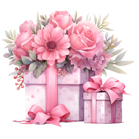 Bouquet of pink flowers with gift boxes. Vector illustration.の素材