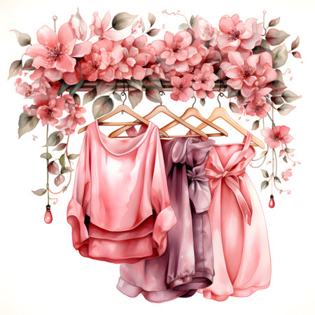 Wedding dress hanging on the hanger with flowers. Vector illustration.の素材