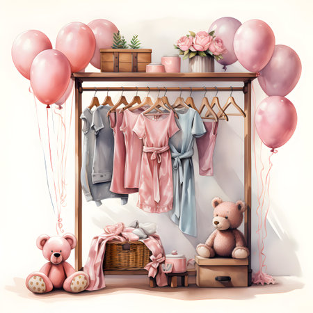 Baby shower interior with teddy bear and clothes. 3d renderの素材