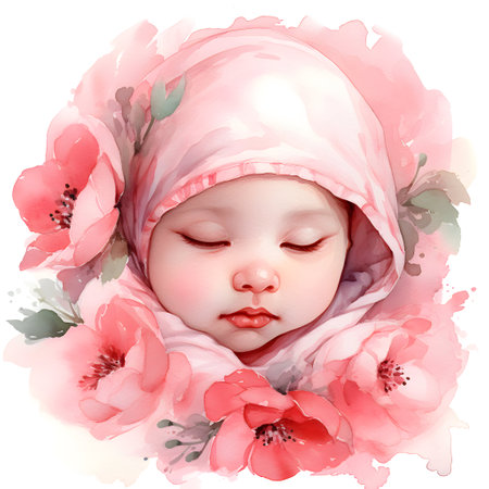 Cute newborn baby girl sleeping in a flower wreath. Digital painting.の素材