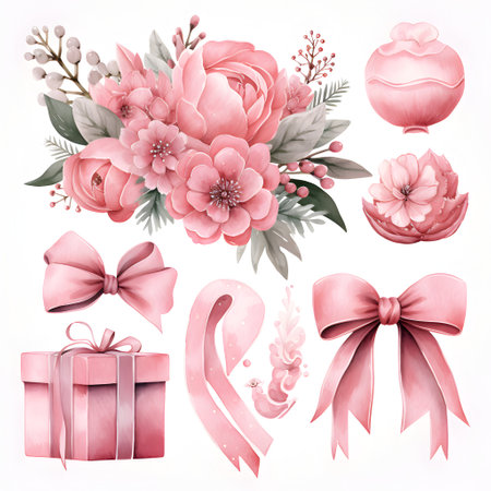 Set of pink flowers, gift boxes and bows. Vector illustration.の素材
