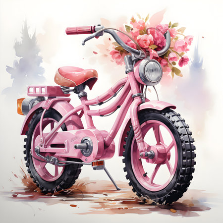 Hand drawn vector illustration of a pink vintage chopper motorcycle with flowers.の素材