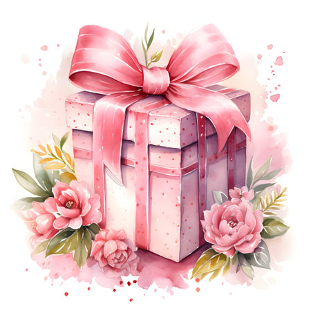Gift box with pink bow and flowers. Watercolor illustration.の素材