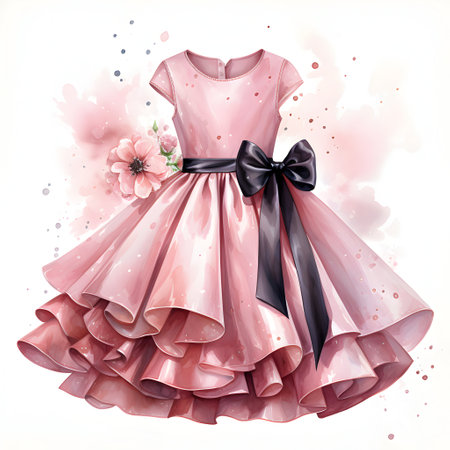 Beautiful pink dress with black bow. Watercolor hand drawn illustrationの素材