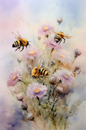 Bees on a pink flower in the watercolor painting style.の素材