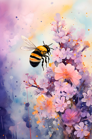 Watercolor painting of a bumblebee on a beautiful flower.の素材