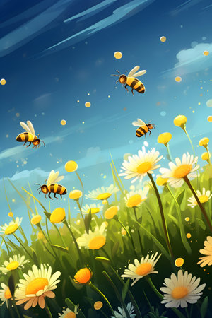 Illustration of bees flying over a meadow with daisiesの素材