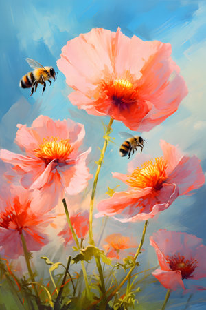 poppies and bees on a blue background. Oil painting.の素材