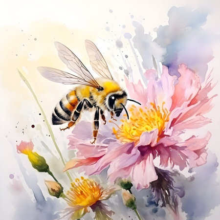 Watercolor painting of a bee collecting pollen from a pink flower.の素材