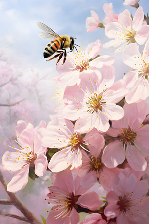 Honeybee and pink cherry blossoms in spring. Spring backgroundの素材