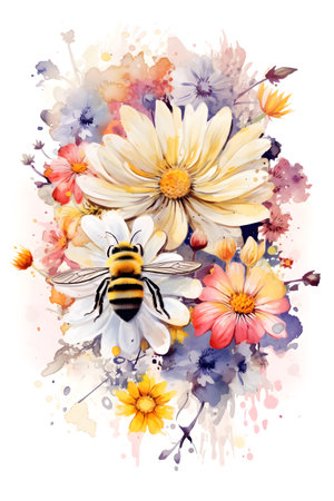 Bumblebee and daisy flowers. Watercolor hand drawn illustrationの素材
