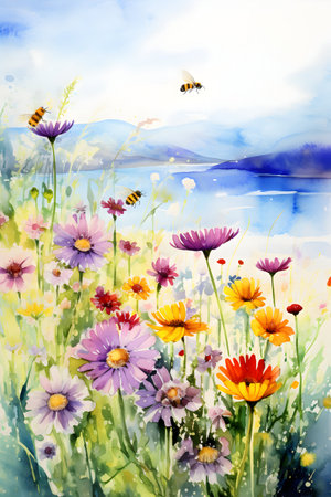 Watercolor painting of daisies and bees on a background of mountainsの素材