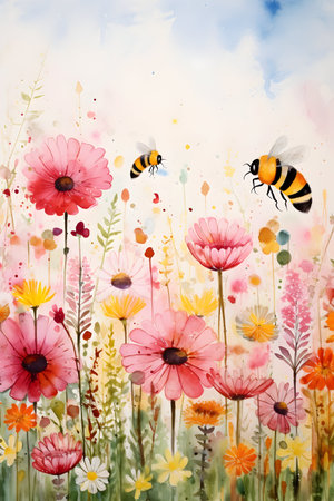 Watercolor floral background with bees and daisies. Hand drawn illustrationの素材