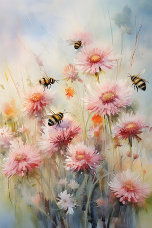 Watercolor painting of daisies and bees on sky background.の素材