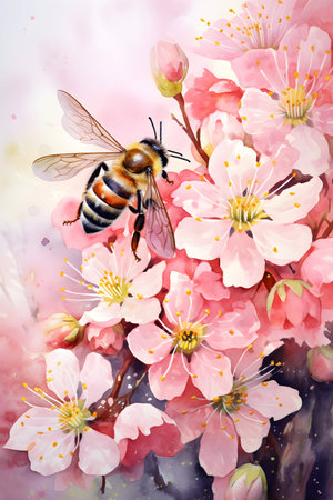 Watercolor painting of honey bee and sakura flowers. Spring backgroundの素材