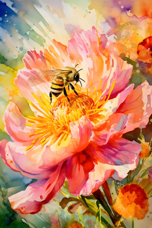 Watercolor painting of a peony flower and a bee on a watercolor backgroundの素材