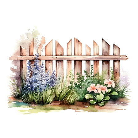 Watercolor illustration of a wooden fence in the garden with flowers.の素材