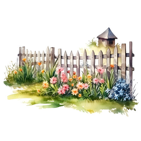 Watercolor illustration of a fence with flowers. Watercolor painting.の素材