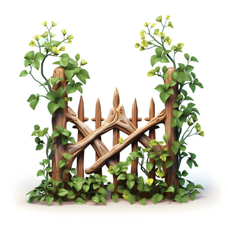 Wooden fence with green plants isolated on white background. 3d renderの素材