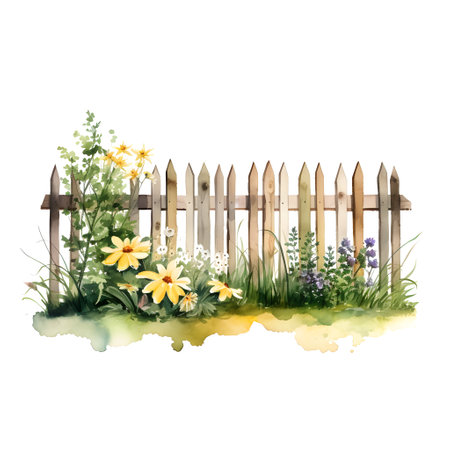 Watercolor illustration of a wooden fence with flowers on a white backgroundの素材