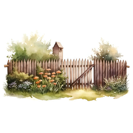 Watercolor illustration of a fence in the garden. Hand-drawn illustrationの素材