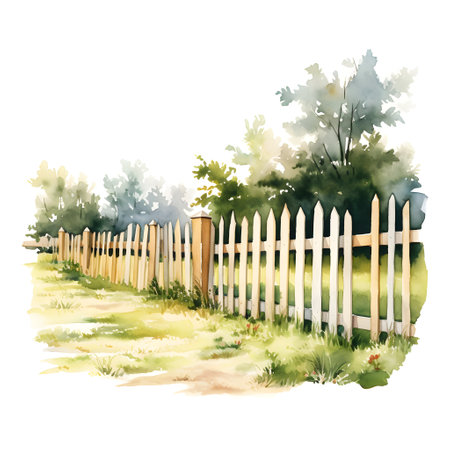 Watercolor illustration of a rural landscape with a wooden fence and treesの素材