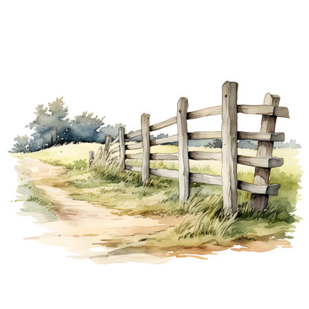 Wooden fence on a country road. Watercolor hand drawn illustrationの素材