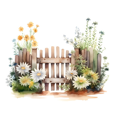 Watercolor garden fence with flowers. Hand painted illustration isolated on white backgroundの素材