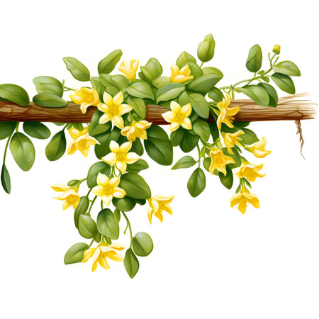Illustration of a branch with yellow flowers on a white background.の素材