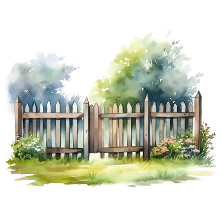 Watercolor illustration of a wooden fence in the garden with flowers.の素材