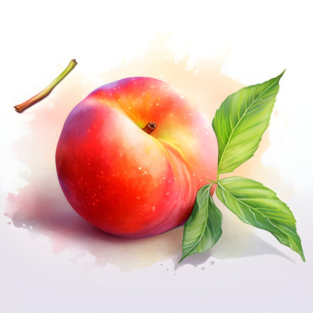 Peach with leaf on watercolor background. Realistic vector illustration.の素材