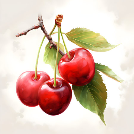 Cherries on a branch with leaves, realistic vector illustration.の素材