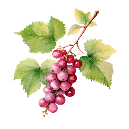 Bunch of red grapes with green leaves isolated on white background.の素材