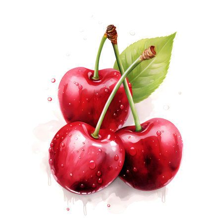 Cherries with drops of water on a white background. Vector illustrationの素材