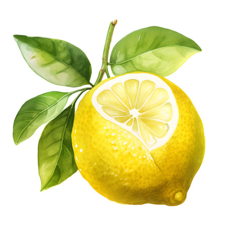 Lemon with leaves isolated on white background. Watercolor illustration.の素材