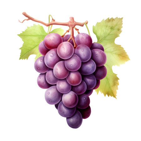 Bunch of purple grapes with green leaves isolated on white background.の素材