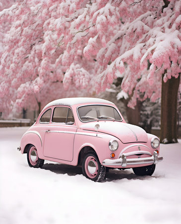 Pink retro car in the snow with a pink cherry tree in the backgroundの素材