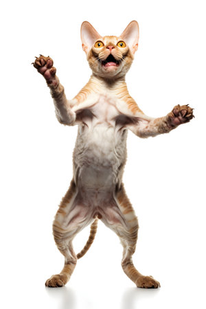 Cute sphynx cat standing on hind legs isolated on white backgroundの素材