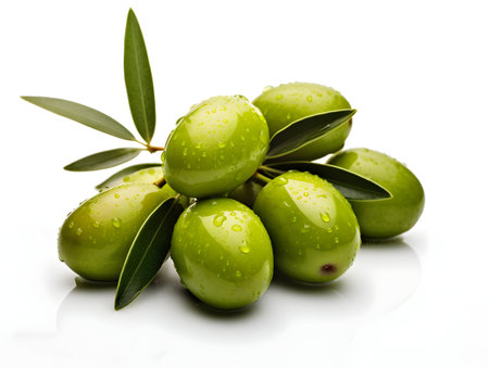 Green olives with leaves on a white background. Isolated.の素材
