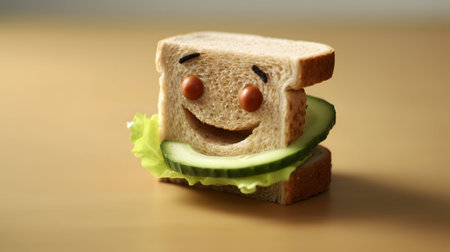 Sandwich with smiley face made of fresh cucumber and lettuceの素材