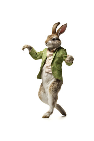 Rabbit dressed in a green jacket and bow tie isolated on white backgroundの素材
