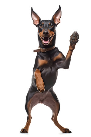 Doberman Pinscher dog jumping, isolated on white background.の素材