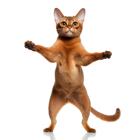 Charming abyssinian cat standing on hind legs. isolated on white background.の素材